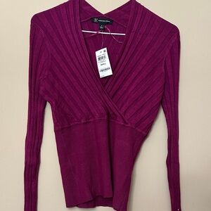 INC International Concepts Fitted Ribbed Wrap V‑Neck Sweater - Magenta